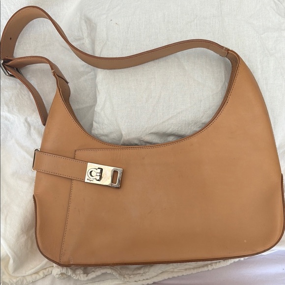 Salvatore Ferragamo Handbags - Salvatore Ferragamo Tan Leather Shoulder Bag with Signature Buckle